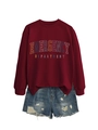 Flat lay of burgundy Emergency Department sweatshirt and distressed denim shorts - Burgundy