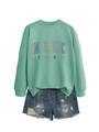 Flat lay of mint green sweatshirt with retro blue distressed denim shorts set - Light Green