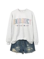 Flat lay of light grey sweatshirt with blue distressed denim shorts set and S size label - Off-White