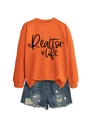 Detail of orange Realtor Life sweatshirt with ribbed cuffs and distressed denim shorts - Orange (Black Font)