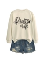 Flat lay of cream Realtor Life sweatshirt paired with distressed blue denim shorts on white - Sand (Black Font)