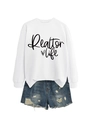 Close-up of Realtor Life heart graphic on white long-sleeve crewneck sweatshirt - White (Black Font)
