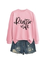 Flat lay of pink Realtor Life sweatshirt paired with distressed blue denim shorts - Pink (Black Font)
