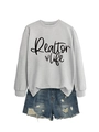 Detail of grey Realtor Life sweatshirt with heart print and distressed denim shorts - Grey (Black Font)