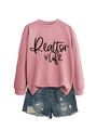 Detail of pink Realtor Life sweatshirt paired with distressed blue denim shorts - Rose Gold (Black Font)