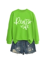 Detail of bright green Realtor Life sweatshirt with distressed blue denim shorts - Fluorescent Green (White Font)