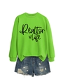 Flat lay of neon green Realtor life sweatshirt paired with distressed blue denim shorts - Fluorescent Green (Black Font)