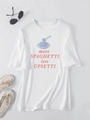 Flat lay of white cotton T-shirt with spaghetti graphic, sunglasses and flip flops - S / White