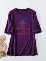 Flat lay of purple cotton T-shirt with spaghetti graphic and beige slide sandals - S / Dark Purple