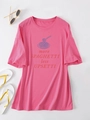 Flat lay of pink oversized t-shirt with funny spaghetti graphic and summer accessories - S / Rose Red