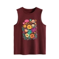 Detailopname van een bordeauxrode mouwloze top met kleurrijke bloemen en zonnebloem - S / Bordeauxrood