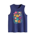 Detailed view of floral prints on navy blue sleeveless tank top with round neckline - S / Vintage Blue