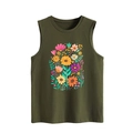 Detailed close-up of vibrant floral print on dark olive green sleeveless casual tank top - S / Army Green