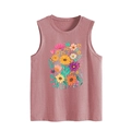 Close-up of pink crew neck tank top featuring colorful summer floral prints and sunflower - S / Rose Gold
