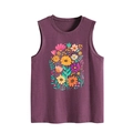 Close-up of vibrant floral print and textured fabric on purple sleeveless tank top - S / Fuschia