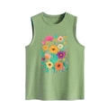 Close-up of grass green sleeveless vest with detailed colorful floral print and fabric texture - S / Olive Green