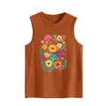 Detailed close-up of orange floral sleeveless vest with vibrant colorful flower print - S / Burnt Orange