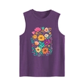 Purple sleeveless tank top featuring vibrant pink and yellow floral prints on white background - S / Purple