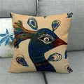 Artistic peacock oil painting linen pillow cover displayed on a grey sofa couch - Heavy Color Artistic Peacock Design