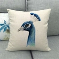 Detailed texture of watercolor peacock head art print on beige linen pillowcase cover - Watercolor Smudge Royal Blue Peacock