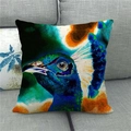 Detailed close-up of peacock art pattern on textured linen decorative pillow case - High Saturation Modern Decorative Peacock