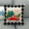 Dettaglio copricuscino in lino con camion rosso e alberi di Natale decorativi - Watercolor Hand Painted Vintage Red Truck And Evergreens