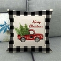 Dettaglio federa in lino Merry Christmas con camion rosso e alberi di Natale - Red Pickup Truck And Believe Text Illustration