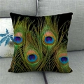 Detailed close-up of peacock feather print on a black linen square pillowcase cover - 45cmx45cm / Black Background Peacock Feather (1)