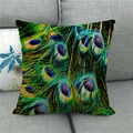 Linen pillow cover with vibrant peacock feather pattern on a gray fabric sofa - 45cmx45cm / Multicolor Realistic Peacock Feather (2)