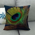 Linen pillow cover featuring a vibrant peacock feather pattern on a deep blue background - High Saturation Deep Blue Background Style (20)