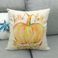 Close-up of Hello Fall pumpkin design on natural linen square pillow cover decoration - 18x18 Inch / Artistic Orange Pumpkin Hello Fall Style (5)