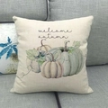 Dettaglio del copricuscino in lino con zucche ad acquerello e scritta autunnale - 45x45 cm / Stile Zucche Verde Chiaro e Viola Benvenuto Autunno (11)