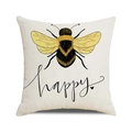 Bienen-Kissenbezug aus Leinen mit gelber Biene und Happy-Schriftzug im Minimal-Stil - Happy Zitat mit Bienenmuster