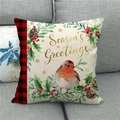 Christmas robin watercolor linen pillowcase with red black plaid border on sofa - 45x45cm / Robin and Pinecone Greetings Style (2)
