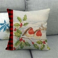 Detail of linen Christmas pillow case with watercolor robin birds on a grey sofa - 45x45cm / Robin and Winter Building Style (5)
