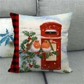 Christmas watercolor cushion cover featuring robin birds and red post box on linen fabric - 45x45cm / Royal Mail Postbox Style (7)