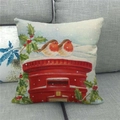 Détail de la housse de coussin en lin avec rouges-gorges à l'aquarelle sur une boîte aux lettres - Rouge-gorge sur Boîte aux Lettres Rouge (4)