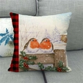 Close-up of linen Christmas pillow cover featuring watercolor robins on a snowy fence - 45x45cm / Robin and Wooden Fence Style (8)
