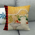 Detail of linen pillow cover featuring winter bird illustration and buffalo plaid edge - 45x45cm / Winter Garden Illustration Style (10)