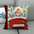 Detailed texture of linen cushion cover with watercolor Christmas bird and holly berries - 45x45cm / Robin and Snowy Berries Illustration Style (11)