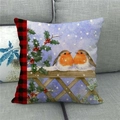 Detailed view of linen pillow cover with watercolor robins and red buffalo plaid - 45x45cm / Robins and Snowy Fence Style (12)