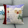Detailed texture of linen pillowcase with winter snow scene and buffalo plaid edge - 45x45cm / Geese and Street Lamp Snow Night Style (14)