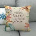 Detailed close-up of linen pillow cover with watercolor pumpkin and maple leaf patterns - Colorful Pumpkins Please (8)