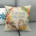 Linen fall pillow cover with owl print and IT'S THE SEASON TO FALL IN LOVE text on sofa - Owl Berry Fall in Love (7)