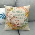 Macro shot of linen pillow case featuring autumn leaves and fall breeze typography - Hedgehog Mushroom Autumn Breeze (6)