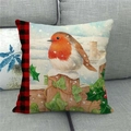 Housse de coussin Noël en lin avec rouge-gorge aquarelle et motif écossais rouge - Rouge-gorge avec Silhouette d'Église Style (21)