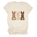 Close-up of three bunnies in plaid, floral, and leopard prints on a beige T-shirt - S / Sand