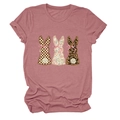 Detail of three bunny graphics with plaid, floral, and leopard textures on a pink t-shirt - S / Rose Gold