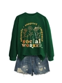 Detailed view of dark green social worker sweatshirt with blue distressed denim shorts - S / Dark Green