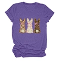 Detailed view of purple Easter T-shirt with three plaid and floral bunny patchwork patterns - S / Purple